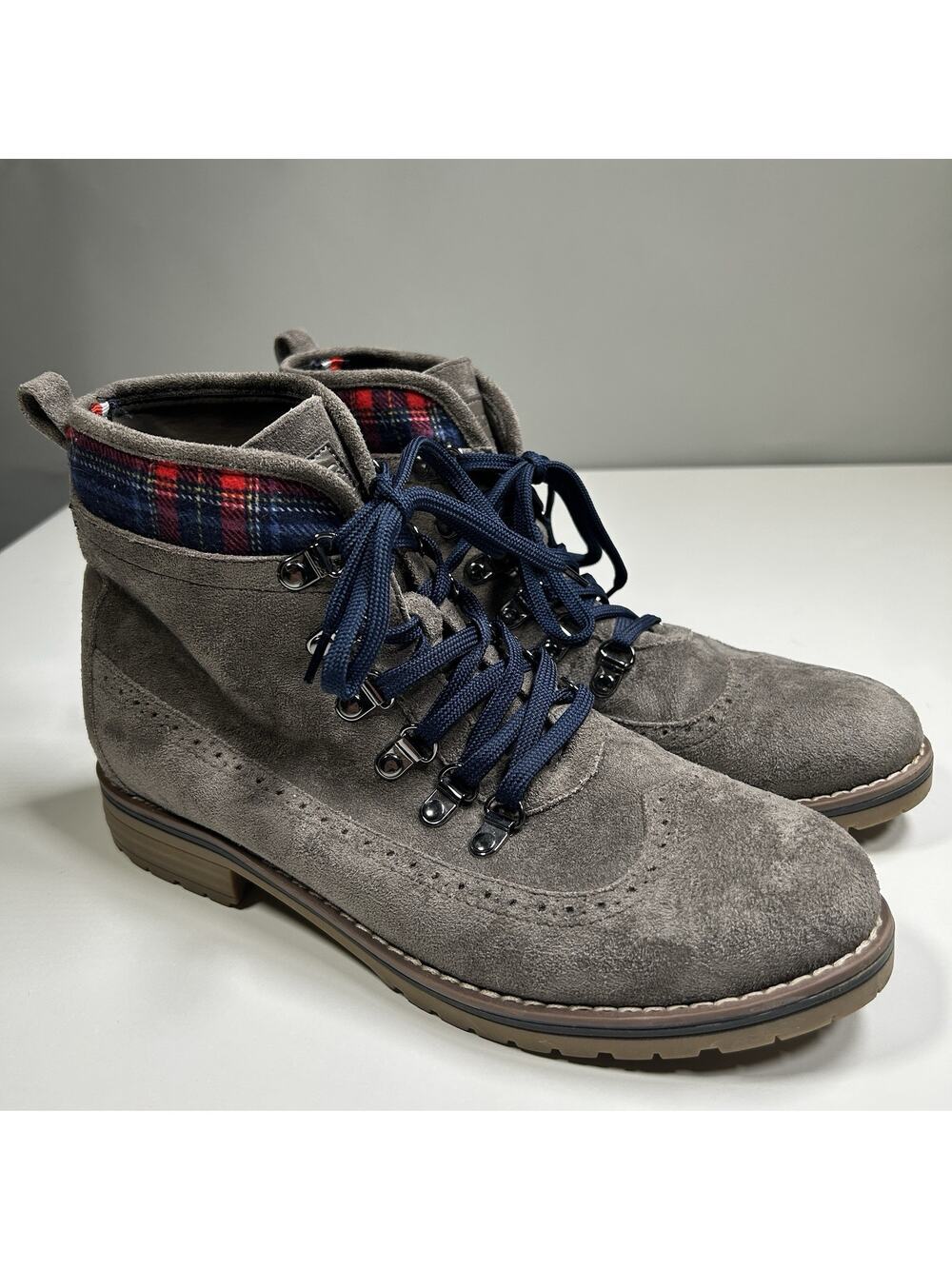 Tommy Hilfiger Twollia 3 Suede Hiking Boots Womens 9M Gray Plaid